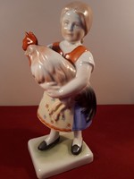 Herendi Kislány kakassal porcelán figura