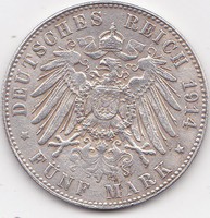 Német államok / Poroszország /,forgalmi ezüst érme, 5 márka 1914