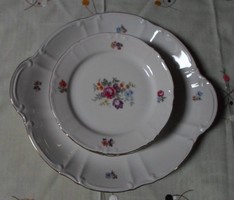 Kahla virágos süteményes készlet: kínáló tál, tányérok (NDK, kelet-német porcelán)