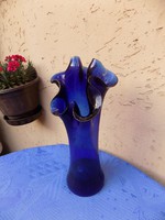 Fodros szélű kék Muranoi üveg váza 27 cm (8/d)