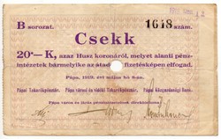 Pápai Takarékpénztár 20 Korona csekk, 1919