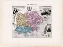 Var térkép 1877, eredeti, színes, francia megye, Franciaország, Cote D'azur, dél, La Seyne, S Tropez