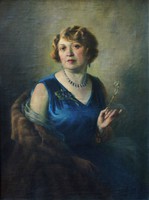 Kövér Gyula (1883-1950) - Kék Ruhás Hölgy Lornyonnal 120x95cm Olaj Vászon 1930. IV Lila