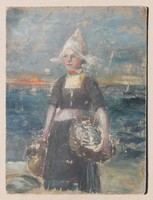 European painter (krupka?): Little girl with a basket full of fish and a jug