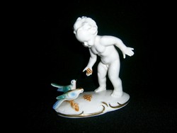 Nagyon ritka Grafenthal porcelán galambokat etető puttó kisfiú