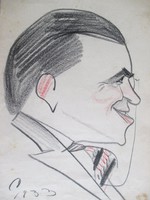 Vintage portré-karikatúra 1933-ból: férfi cvikkerrel. Színezett ceruzarajz