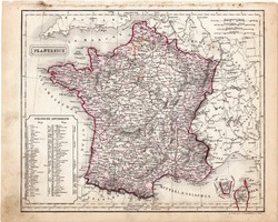 Franciaország térkép 1854 (2), német nyelvű, eredeti, atlasz, osztrák, Gallia, Európa, megye