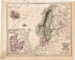 Svédország és Norvégia térkép 1854 (2), német nyelvű, eredeti, atlasz, Dánia, Izland, Skandinávia