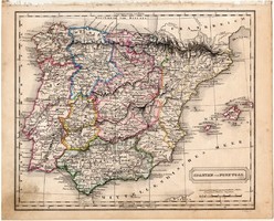 Spanyolország és Portugália térkép 1854 (2), német, eredeti, atlasz, osztrák, Hispánia, Európa