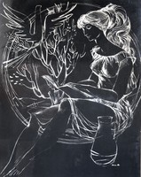 Kass János: Olvasó lány galambbal, 1962 - hatalmas méretű, keretezett grafika