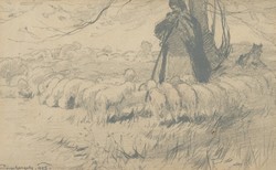 Pőrge Gergely (1850-1930): Nyájának furulyázó pásztor.