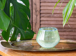 Retro karcagi (berekfürdői) fátyolüveg váza eredeti csomagolással! ritka sárgászöld türkiz peremmel