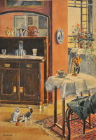 Koszkol Jenő (1868-1935): Gombolyaggal játszó cicák századfordulós enteriőrben