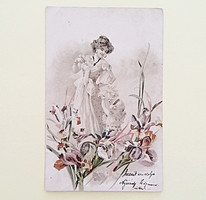 Régi képeslap 1920 körül nő virágokkal 