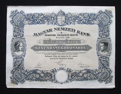 Magyar Nemzeti Bank részvény 100 aranykorona 1924 MNB