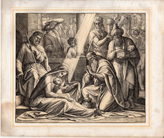 Bibliai kép (57), nyomat 1860, 22x26, A Szent Biblia díszes képekben, Jézus, ige, Matth. 2, 10, 11.
