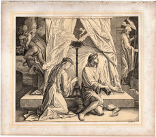 Bibliai kép (42), nyomat 1860, 22 x 25, A Szent Biblia díszes képekben, ige, Tob. 8, 6., ima, 