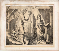 Bibliai kép (38), nyomat 1860, 21 x 25, A Szent Biblia díszes képekben, ige, Luc. 1, 35. 38, Mária.