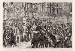 A császár látogatása a fesztiválcsarnokban, metszet 1868, 15 x 22 cm, Ferenc József, monarchia újság