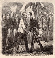 A porosz király köszöntése a pályaudvaron, metszet 1869, 15 x 15 cm, Ferenc József, monarchia, újság
