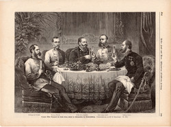 Ebéd, Viktor Emánuel, metszet 1874, 22 x 31 cm, Ferenc József, monarchia, újság, császár, herceg