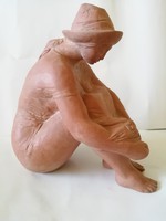 Deák László - ülő lány csokorral, terrakotta, jelzett, hibátlan, 20 cm