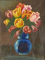 0Y099 Ladislau : Tulipán csokor kék vázában