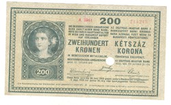 200 korona 1918 2000 alatti sorszám Ritka 1. Érvénytelenített