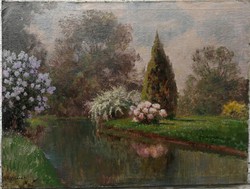 Olgyay Ferenc festmény, Mednyánszkyval, kastélypark, virágokkal, Arborétum, folyópart, virágokkal.
