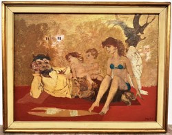 Hollóházi B. István (1933-2006) 4-member family c. Painting with Frame 93x73cm WITH ORIGINAL GUARANTEE !!
