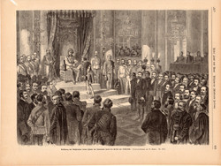 Fogadás a trónteremben, metszet 1880, 23 x 32 cm, monarchia, újság, Ferenc József, császár, osztrák