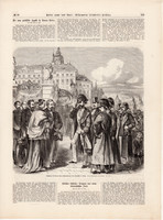 Az osztrák császár fogadása Prágában, metszet 1866, 22 x 23 cm, Ferenc József, monarchia, újság