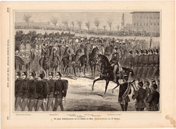Katonai parádé, metszet 1883, 22 x 32 cm, Ferenc József, monarchia, újság, császár, Bécs mellett