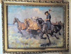 Antik festmény: Hortobágyi csikós lovakkal