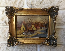 György Németh painting in a gilded blondel frame. Village scene, horse tooth, cart, poultry