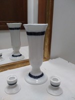 Hollóházi mázalatti kobalt kék fehér porcelán váza és gyertyatartó