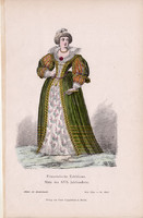 Viselettörténet (28), litográfia 1880, öltözet, ruha, divat, német, francia hölgy, XVII. század