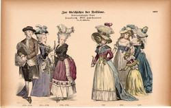 Viselettörténet (58), litográfia 1885, öltözet, ruha, divat, német, francia, történelem, 1778, 1787