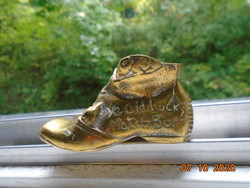 Angol gyűjteményes polírozott bronz elnyűtt cipő egérkével íróasztali stílusos tároló 1920