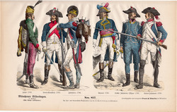 Viselettörténet (33), litográfia 1880, öltözet, ruha, uniformis, német, francia, történelem, katona