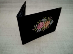 Leather wallet decorated with old needle tapestry on the outside, silk on the inside