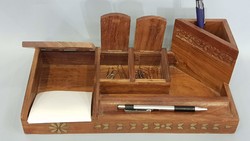 Gyönyörű szép régi ceruza, tolltartó íróasztalra réz intarzia berakással fafaragással