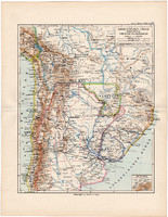 Dél - Amerika térkép 1892, eredeti, Meyers atlasz, német nyelvű, Argentína, Chile, Uruguay, Paraguay