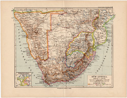 Dél- Afrika térkép 1892, eredeti, Meyers atlasz, német nyelvű, Kamaraland, Kapland