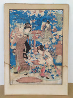 Antik Japán 19. század színezett fametszet papír feliratokkal jelzett gésa szamuráj Ázsia