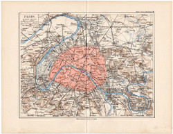 Párizs térkép 1892, eredeti, Meyers atlasz, német nyelvű, Franciaország, város, főváros, francia