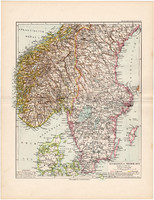 Svédország és Norvégia déli része térkép 1892, eredeti, Meyers atlasz, német nyelvű, Skandinávia