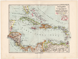 Nyugat - Indiai - szigetek térkép 1892, eredeti, Meyers atlasz, német nyelvű, Amerika, közép, Kuba
