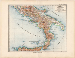 Dél - Olaszország térkép 1892, eredeti, Meyers atlasz, német nyelvű, Itália, Róma, Lecce, Palermó