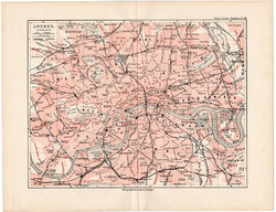 London térkép 1892, eredeti, Meyers atlasz, német nyelvű, Anglia, város, főváros, angol, Britannia